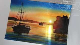 Ecoline watercolor sunset drawing [upl. by Garlan]