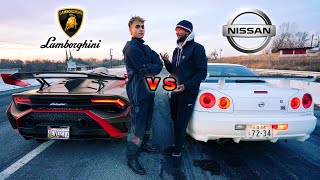 Nissan Skyline R34 GTR vs Lamborghini Huracan STO  DRAG RACE [upl. by Elokyn]