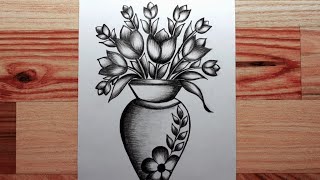 How To Draw Flower With Vase Flower Pot Drawing With Pencil Drawing CreativityStudio [upl. by Placida]