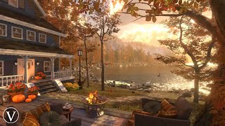 Autumn Lakeside Cottage  Sunset Ambience  Windchimes Lakeshore Firepit amp Forest Nature Sounds [upl. by Angelita]