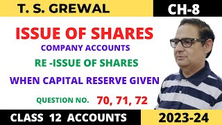 ISSUE OF SHARES COMPANY ACCOUNTS TSGrewal Ch 8 Que no70 7172When capital reserve given2023 [upl. by Teagan]