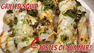 Grilled Squid with Mediterranean Sauce  Easy light summer recipe [upl. by Gylys]