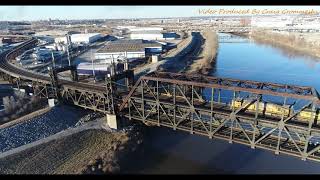 Railfanning Santa Fe Junction in KC UP going over the Kansas River Drone Video [upl. by Hgielrak]