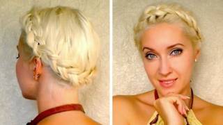 Dutch crown braid tutorial for medium long hair Milkmaid braids shoulder length updo hairstyle [upl. by Anwahsiek]