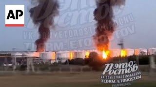 Fuel depot on fire after drone attack in Russia’s Rostov region [upl. by Rebe864]