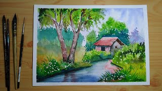 Simple watercolor landscape painting for beginners [upl. by Aniretac]