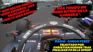 Radio Checo Pérez Felicitado Por Christian Horner Tras Finalizar P8 en la Carrera Sprint F1 radio [upl. by Laefar]