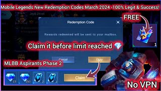 NO LIMIT MOBILE LEGENDS REDEEM CODE MARCH 23 2024  MLBB DIAMOND REDEEM CODES  NO VPN [upl. by Halian661]