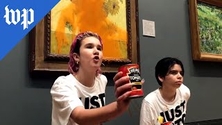 Climate protesters throw soup on Van Gogh painting [upl. by Sax]