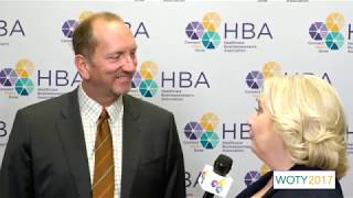 Charles Dewildt of Teva Pharmaceuticals on the 2017 HBA Woman of the Year red carpet [upl. by Neemsaj606]