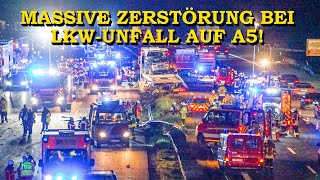 GROSSES TRÜMMERFELD NACH LKWCRASH  SATTELZUG DURCHBRICHT LEITPLANKE   FEUERWEHR  BERGUNG  A5 [upl. by Losyram]