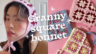 Crochet howto Simple GRANNY SQUARE BONNET 👵🏻 Beginner friendly tutorial [upl. by Annadal]