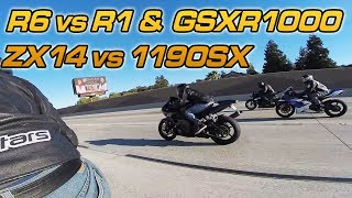 Yamaha R1 vs GSXR1000 vs ZX14 vs EBR 1190SX [upl. by Gran789]