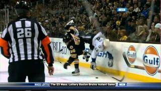 Johnny Boychuk with a pelvisrupturing hipcheck on Nate Thompson [upl. by Eiramnerual]