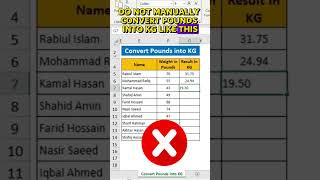 Excel Pro Trick Convert Pounds into KG in Excel shorts exceltutorial [upl. by Crim10]