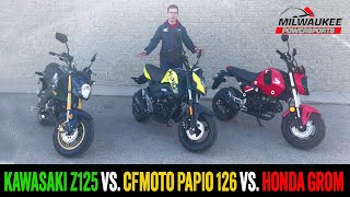 2023 Kawasaki Z125 Pro vs CF Moto Papio 126 vs Honda Grom [upl. by Munshi447]