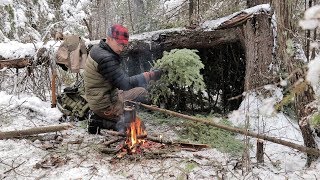 SOLO BUSHCRAFT CAMP 4 Items Only Natural Shelter Wild Game Over the Fire [upl. by Ahsitneuq]