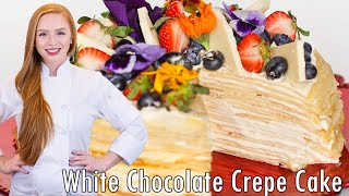 40Layer White Chocolate Crepe Cake Recipe  topped with edible flowers [upl. by Eriam131]