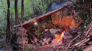 Bushcraft SURVIVAL CAMPING in the RAIN  Stone Shelter Build Outdoor Cooking Nature Adventure [upl. by Surad]