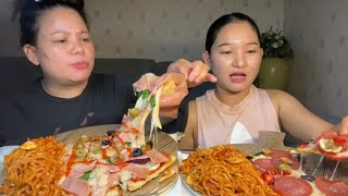 Mix Pork salami pizzअनि Korean Ramen Noodles mukbang [upl. by Lrig]