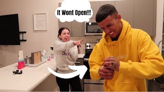 Super Gluing a Jar Lid and Asking My Boyfriend To Open It Prank [upl. by Arreit]