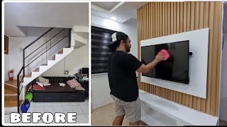 Modern Living Room Transformation How to build TV console with LED Backwall and Wood slat [upl. by Mcmahon]