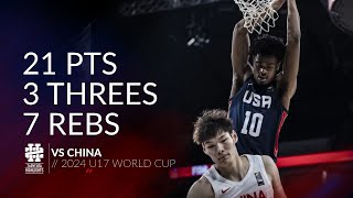 Jalen Haralson 21 pts 3 threes 7 rebs vs China 2024 U17 World Cup [upl. by Elleinet610]