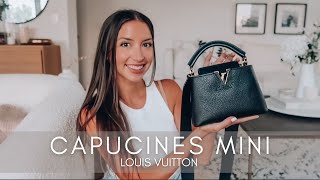 LOUIS VUITTON CAPUCINES MINI  REVIEW  WHAT FITS  MOD SHOTS  WEAR amp TEAR [upl. by Nylekoorb]