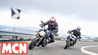 Ducati Monster 1200S vs Triumph Speed Triple R  New bikes  Motorcyclenewscom [upl. by Ahsiliw]