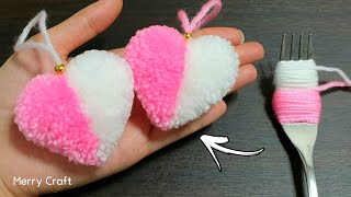 How to Make Yarn Heart❤️ Easy Pom Pom heart Making Idea with Fork ❤️ Amazing Valentines Day Crafts [upl. by Garda]