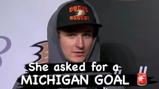 Trevor Zegras post game interview 🔥 MICHIGAN LACROSSE style goal [upl. by Tohcnarf]