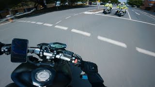 RUBBING IN NEW TYRES  BIKE COPS Pt1  YAMAHA MT09 AKRAPOVIC  QUICKSHIFTER 4K [upl. by Rorry]