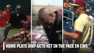 Umpire CLOCKED by rogue FSU pitch in MCWS returns after medical exam  Mens College World Series [upl. by Hilaire]