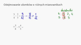 Odejmowanie ułamków o różnych mianownikach [upl. by Gaulin]