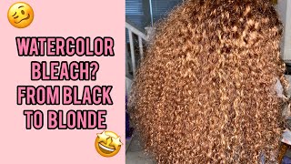 Watercolor Bleach Bleach Bath for Wigs  From Black to Honey Blonde  Curly Lace Frontal Wig [upl. by Gaynor]