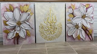 Textured Painting TechniqueTriptych with Flowers and Arabic ScriptMagnolias and Arabic Calligraphy [upl. by Eadith]