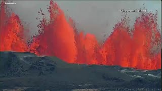 Iceland volcano starts erupting again shooting lava into the sky [upl. by Lira]