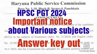 HPSC PGT Important Noticefinal answer key outvarious subjectsHPSC updateHPSC PGT [upl. by Pownall55]