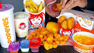 WENDYS VS POPEYES CHICKEN NUGGETS MAC N CHEESE FROSTY SEAFOOD FRIES NO TALKING EATING SOUNDS [upl. by Imaj]