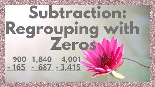 Subtraction Regrouping with Zeros Basic Review  14 practice examples 3 and 4 digits [upl. by Ymirej]