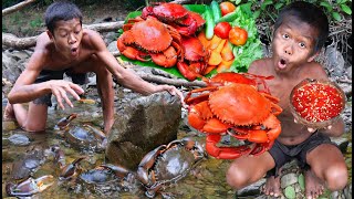 Primitive Technology  Meet Crab At Waterfull And Cook Eat  Kmeng Prey [upl. by Farrica]