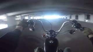 Sportster 1200 with LAF Drag Pipes Parking Garage POV [upl. by Anatsirhc818]