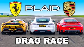 Tesla Model S PLAID v Ferrari SF90 v Porsche 911 Turbo S DRAG RACE [upl. by Bergmann795]