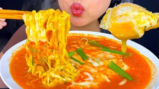 CHEESY SPICY NOODLES SOFT BOILED EGG amp ENOKI MUSHROOMS  ASMR  MUKBANG  EATING SOUNDS [upl. by Auhs]