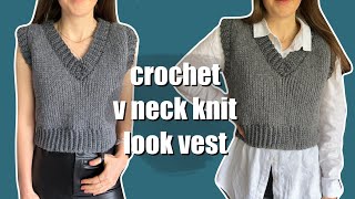 Crochet cropped v neck knit look vest  size adjustable tutorial [upl. by Alaecim]