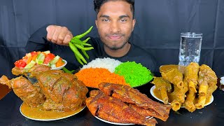 Spicy mutton nalli curry full chicken curry and fish fry with rice eating show indian food eating [upl. by Yi]