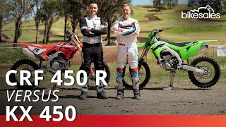 Honda CRF450R v Kawasaki KX450 2023 Comparison [upl. by Doscher]