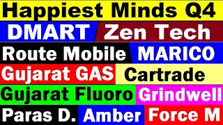 Happiest Minds Q4🔴DMART🔴Gujarat Gas🔴Marico🔴Force Motors🔴Gujarat Fluoro🔴Zen Tech🔴Route Mobile🔴Amber [upl. by Witha]