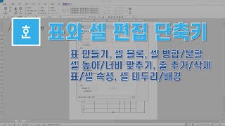 한글표셀 편집 단축키 표만들기 자동채우기 셀 블록 셀 나누기 셀 합치기 셀 높이 너비 맞추기 줄 추가 줄 삭제 표 속성 셀 테두리 배경 [upl. by Mccutcheon]