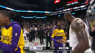 LeBron James celebrates with Bronny amp embraces Chris Paul after win vs Spurs  NBA on ESPN [upl. by Fitzhugh208]